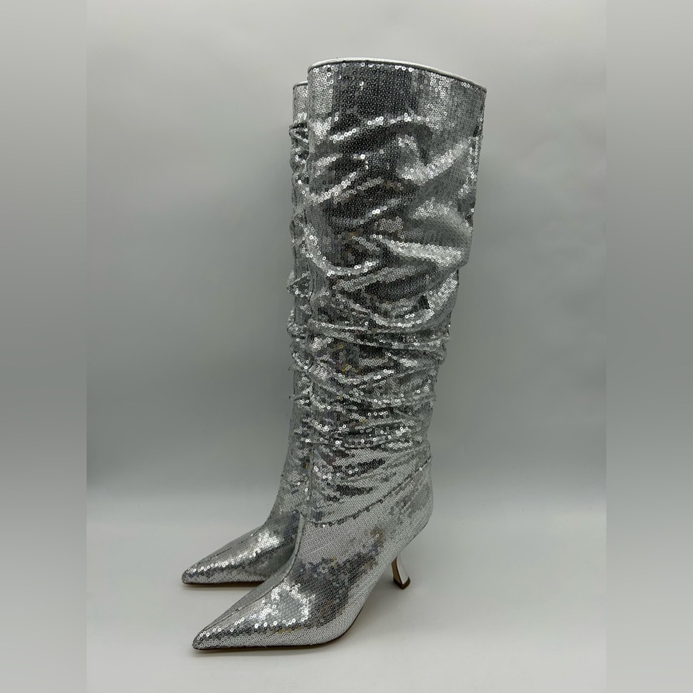 Michael Kors Luna Sequin Boots Silver Pointed Toe Slouchy Heels Women’s 6.5M NIB - Picture 5 of 14